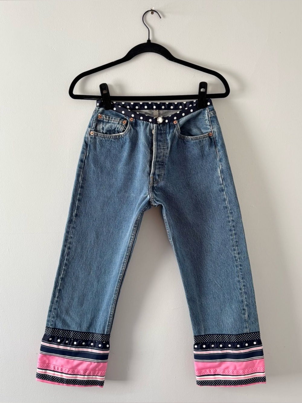 Levi’s x Molly B. Reworked Custom Jeans Swarovski Crystal Buttons Polka Dot